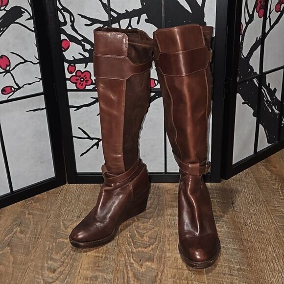 Cole Haan Knee High Wedge Heeled Boots Brown Size 7 - Picture 1 of 12